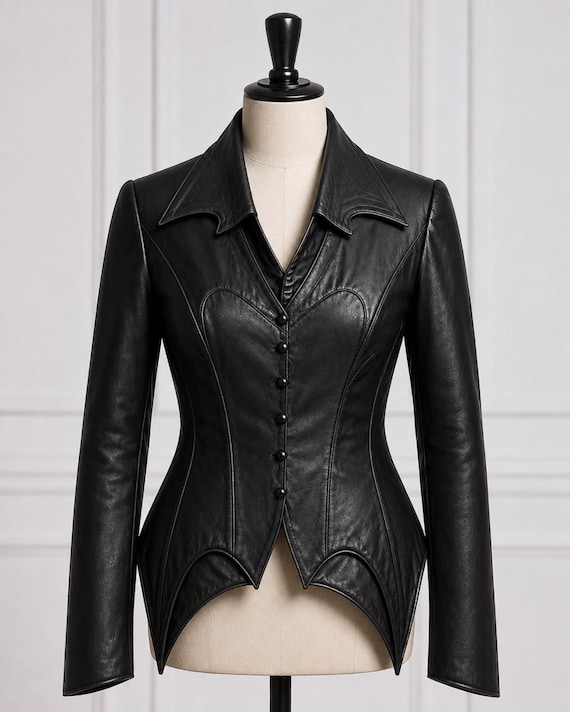 Black Genuine Sheep Leather Jacket, Fitted Leather Blazer, Corset Style Gothic Top
