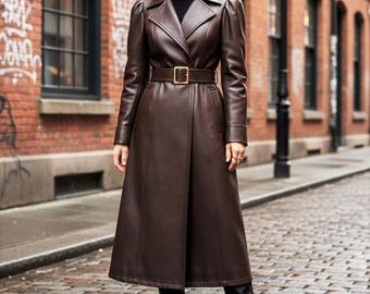 Dark Brown Genuine Leather Trench Coat: Belted Winter Overcoat