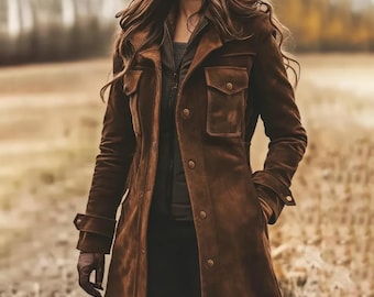 Vintage Brown Suede Leather Coat : Women's Autumn Safari Trench Jacket