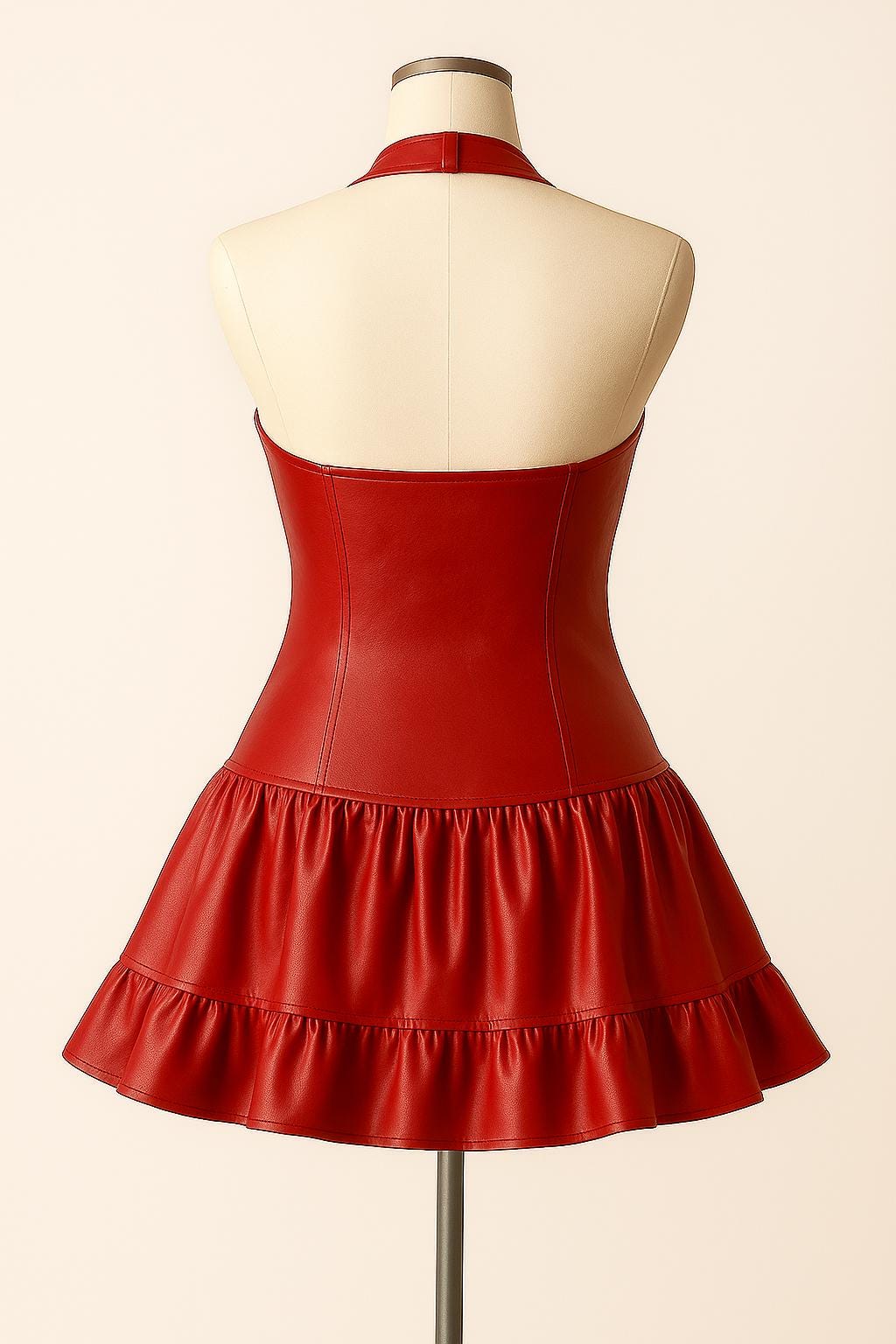 Red Leather Halter Mini Dress with Corset Lace-Up & Ruffle Skirt - Gothic Party Outfit Red Leather Halter Mini Dress with Corset Lace-Up & Ruffle Skirt - Gothic Party Outfit