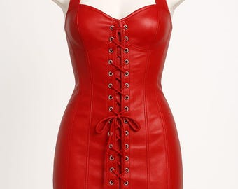 Red Genuine Leather Halter Mini Dress with Corset Lace-Up – Gothic Clubwear, Bodycon Party Outfit