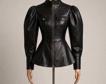 Black Genuine Leather Jacket Shirt for Women | Handmade Puff Sleeve Leather Top
