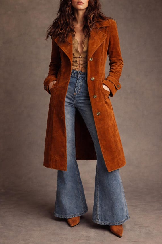 Women’s Real Suede Leather Long Coat | Brown Suede Trench | Handmade Jacket