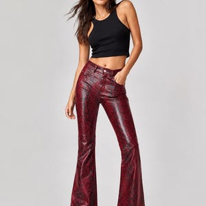 Red Snakeskin Genuine Leather Flare Pants – Handmade High Waist Bell Bottom Leather Trousers