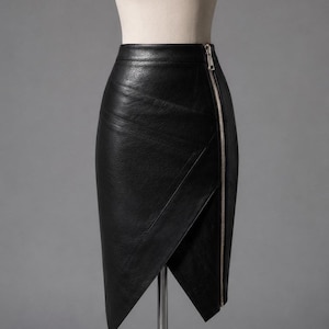 May include: Black leather pencil skirt with an asymmetrical hemline and a side zipper. The skirt is displayed on a mannequin and has a tailored fit. The zipper is silver-toned.