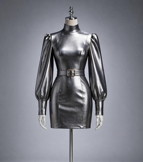 silver leather mini dress Dark Metallic maxi body con dress