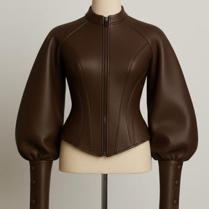 Dames bruin echt leren jack met pofmouwen getailleerde designer bovenkleding in korsetstijl