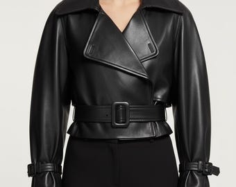 Women's Cropped Lambskin Leather Jacket – Belted Short Streetwear Coat - Gift For Her