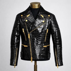 May include: Black leather motorcycle jacket with a crocodile skin texture. The jacket features gold-colored zippers, buttons, and a decorative collar. The jacket is displayed on a mannequin.