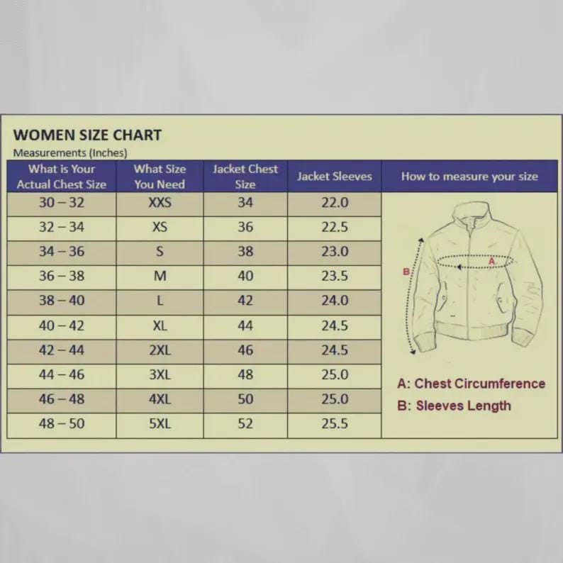 May include: A women's size chart with measurements in inches. The chart includes chest size, jacket size, and sleeve length, with a diagram illustrating how to measure chest circumference and sleeve length.