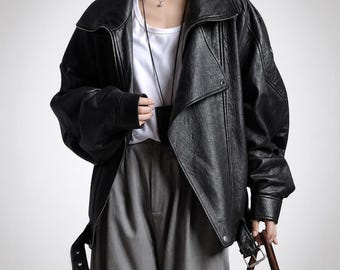 Oversized Real Leather Jacket | Genuine Cowhide High Collar Bomber | Handmade Avant Garde Streetwear Coat