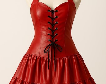 Red Leather Halter Mini Dress with Corset Lace-Up & Ruffle Skirt – Gothic Party Outfit