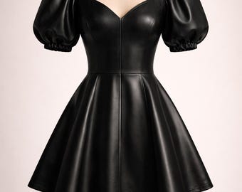 Handmade Black Leather Mini Dress | Puff Sleeve Party Frock