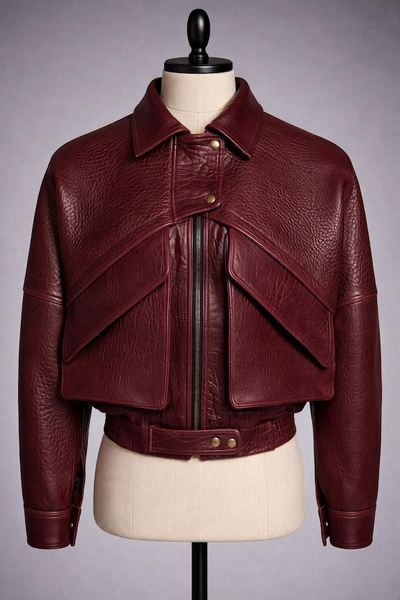 Handcrafted Genuine Leather Cropped Bomber Jacket – Luxury Burgundy Moto Jacket with Oversized Statement Pockets