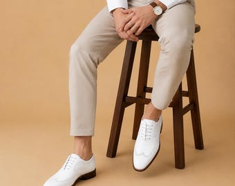 Handmade White Leather Oxford Brogue Shoes for Men | Genuine Cow Leather Classic Wedding Oxfords