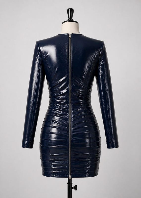 navy blue faux leather dress Handmade Patent Mini – Genuine Sheephide Bodycon Ruched Wrap Dress Color:AK412