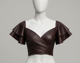 Genuine Leather Crop Top - Brown Corset with Flutter Sleeves