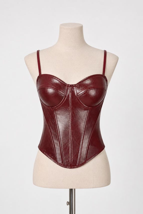 Burgundy Genuine Sheep Leather Corset Top – Handmade Leather Bustier Camisole for Women