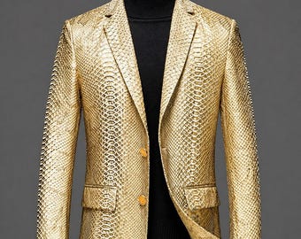 Luxury Gold Snakeskin Leather Blazer for Men – Handmade Genuine Leather Slim Fit Jacket