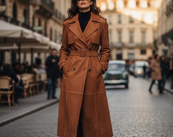 Luxurious Genuine Brown Suede Leather Trench Coat : Classic Long Duster Coat