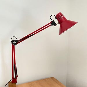 Vintage Red Adjustable Desk Lamp with Clamp Mount and Wooden Base, Retro Industrial Task,Mid Century Modern Anglepoise Style ,Desk Light