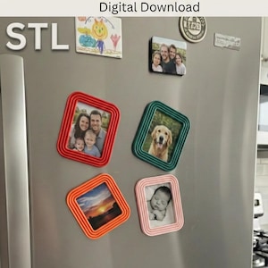 May include: A collection of magnetic picture frames in red, green, orange, and pink, each holding a photograph. The frames are square with rounded corners and a textured, ridged border. The photos depict family portraits, a dog, and a sunset. The text "Digital Download" is at the top.