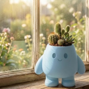 Puede incluir: Una maceta azul claro con forma de personaje de dibujos animados con una cara sonriente, brazos y piernas, que contiene cactus y suculentas. La maceta está sobre un alféizar de madera, con un jardín borroso visible.