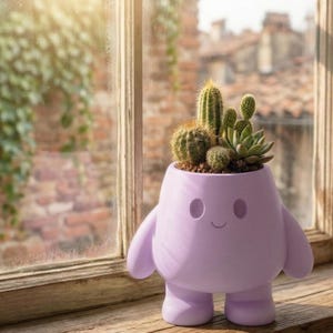 May include: A lavender-colored, cartoon-like planter with a smiling face, arms, and legs, holding a variety of cacti and succulents. The planter sits on a wooden windowsill, with a brick wall and greenery visible through the window.