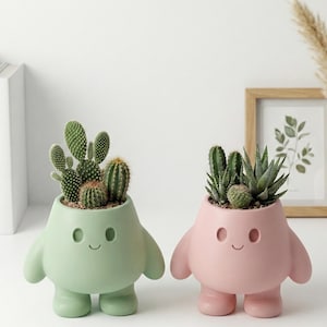 May include: Two whimsical, anthropomorphic planters, one mint green and one pink, each holding a variety of cacti and succulents. The planters have a smiling face design, arms, and feet. A framed picture and vase are in the background.