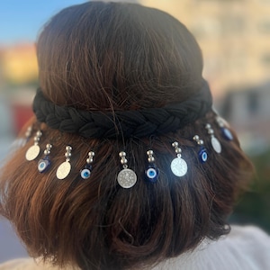 Handmade Turkish Evil Eye Bandana with Silver Coins - Black Crochet Boho Head Scarf - Festival Hair Accessory - Spiritual Protection Jewelry
