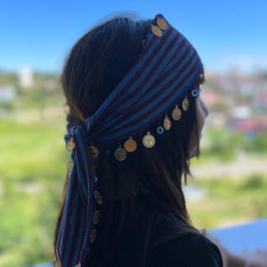 Black Sea Inspired Hair Bandana | Bordo  Navy Trim, Gold Lira Detail & Nazar Protection Charm