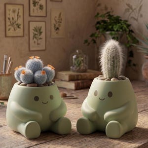 May include: Two light green, cartoon-like planters, each holding a cactus. One has multiple blue cacti with orange blooms, the other a single, tall cactus. Both planters have a smiling face design and are sitting on a wooden surface.