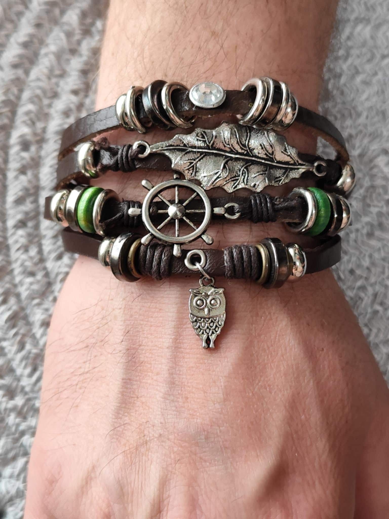 Owl Leather Wrap Bracelet for Men Women | Boho Faux Leather Cuff with Leaf and Ship Helm Charms | Pa
