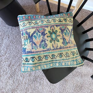 Turkish Rug Pillow Cover 16x16, Vintage Wool Cushion, Handmade Kilim, Colorful Boho Farmhouse Decor, Tribal Accent Cushion