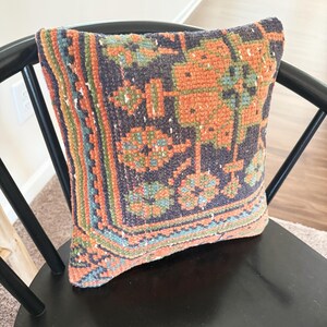 Tribal Rug Pillow Cover 14x14, Vintage Wool Cushion, Handmade Kilim Pattern, Rustic Farmhouse Boho Home Decor, Housewarming Gift