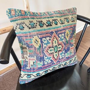 Turkish Rug Pillow Cover 16x16, Vintage Wool Cushion, Handmade Kilim, Colorful Boho Farmhouse Decor, Tribal Accent Cushion