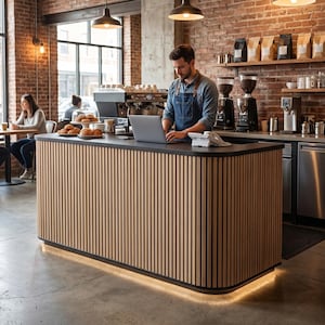 May include: A coffee shop interior with a barista working on a laptop behind a wooden counter. The counter has a black top and is illuminated with a soft light. Customers are seated at tables in the background.