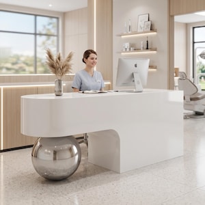 May include: A white reception desk with a smooth, curved top and a large, reflective chrome sphere serving as a structural support base. The desk features a minimalist design, a computer monitor, and a glass vase with dried pampas grass on top.