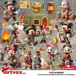 May include: A collection of 3D cartoon characters, including Mickey and Minnie Mouse, Donald and Daisy Duck, and Chip and Dale, in camping attire. The image includes a camper, campfire, map, guitar, and other camping accessories.