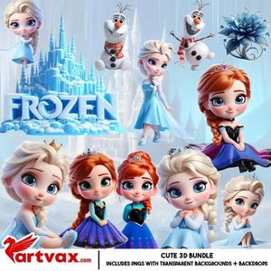 May include: A collection of 3D cartoon characters from the movie "Frozen", including Elsa, Anna, and Olaf. The characters are in various poses, with a blue castle and the word "FROZEN" in large letters. The image also includes the text "CUTE 3D BUNDLE".