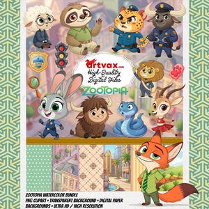 Puede incluir: Un paquete de arte digital con personajes de Zootopia. La imagen incluye varios personajes de animales, un semáforo y fondos estampados. El texto incluye "Zootopia Watercolor Bundle" y "High-Quality Digital Files."