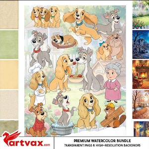 Könnte beinhalten: Ein Aquarell-Bundle mit verschiedenen Cartoon-Hunden in unterschiedlichen Posen und Umgebungen. Die Hunde sind in verschiedenen Braun-, Grau- und Beigetönen gehalten, einige tragen Halsbänder und Kleidung. Der Text "Premium Watercolor Bundle" und "Transparent PNGs & High-Resolution Backdrops" ist enthalten.