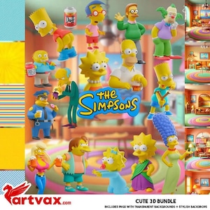 May include: A collection of colorful 3D figurines of characters from "The Simpsons" cartoon series. The figurines include Bart, Lisa, Homer, and other characters. The image also includes the show's logo and the text "CUTE 3D BUNDLE".