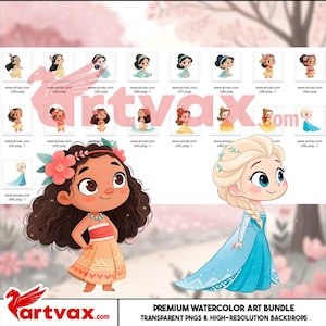 May include: A collection of watercolor illustrations featuring various cartoon princesses. The image includes a large illustration of Moana and Elsa, along with smaller images of other princesses. The text "PREMIUM WATERCOLOR ART BUNDLE" is visible at the bottom.