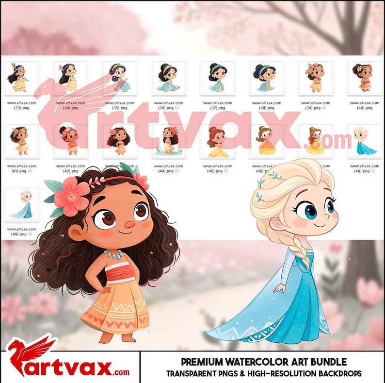May include: A collection of watercolor illustrations featuring various cartoon princesses. The image includes a large illustration of Moana and Elsa, along with smaller images of other princesses. The text "PREMIUM WATERCOLOR ART BUNDLE" is visible at the bottom.