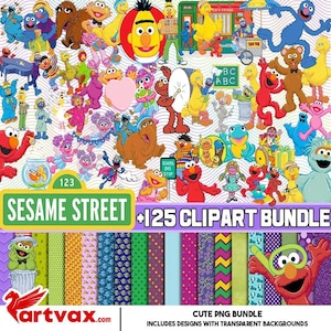 May include: A colorful digital clipart bundle featuring various Sesame Street characters, including Elmo, Big Bird, and Cookie Monster. The image includes a Sesame Street sign and the text "+125 Clipart Bundle".