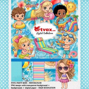 Poolparty för barn PNG | Akvarell sommar clipart-paket | Söt strandbarn sublimering | Sommarfödelsedagsinbjudan | Digitalt papper
