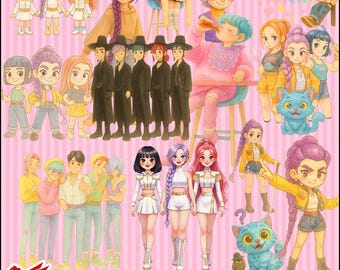 Paquete de imágenes prediseñadas de acuarela de cazadores de demonios del K-pop / Lindos personajes chibi del K-pop PNG, imágenes prediseñadas de estilo anime, descarga digital