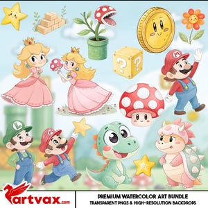 Super Mario Watercolor Clipart Bundle | Mario & Luigi PNGs | Princess Peach, Yoshi, Stars and Retro Game Png