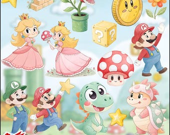 May include: Watercolor art bundle featuring characters and elements from a popular video game. Includes Princess Peach, Mario, Luigi, a dinosaur, a coin, a mushroom, and a question mark block. The image also includes the text "PREMIUM WATERCOLOR ART BUNDLE".
